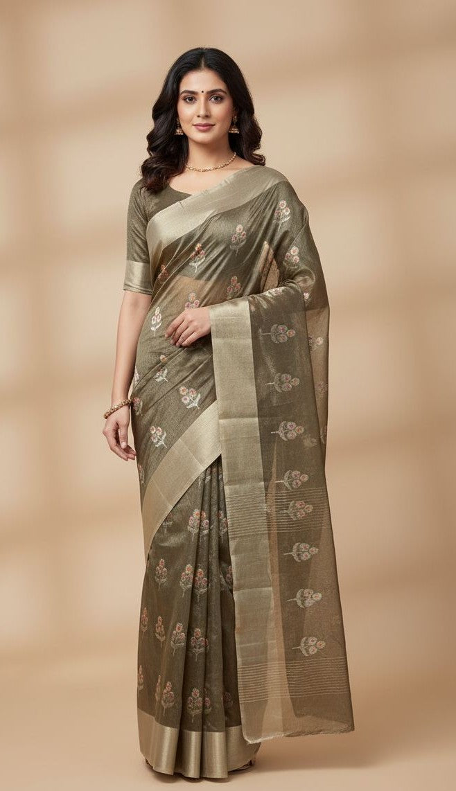 Pastel Brown Chanderi Handloom Katan Tissue Silk Meenakari Saree