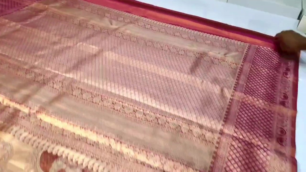 Coral Kanchipuram Handloom Tissue Brocade Silk Saree