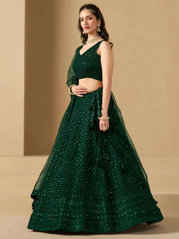 Dark Green Party Wear Lehenga with Sequins Embroidery