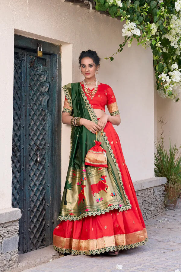 Elegant Bright Red Paithani Silk Lehenga Choli with Zari & Lace