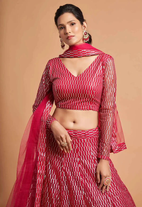 Hot Pink Soft Net Lehenga with Thread & Sequins Work