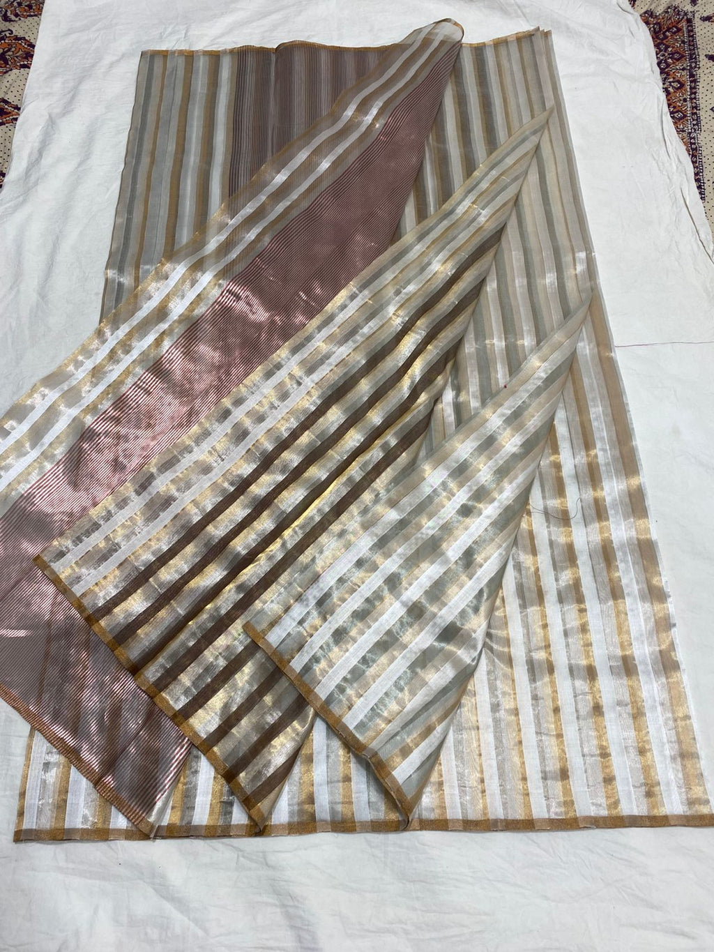Off White Chanderi Handloom Pattu Silk Striped Saree
