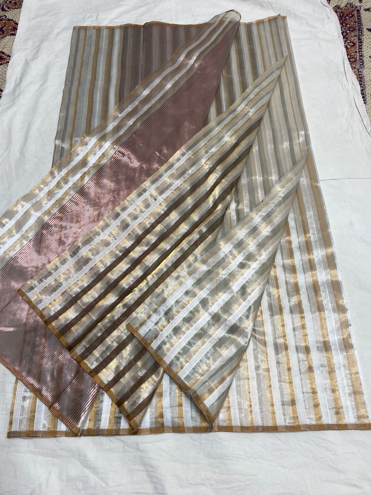 Off White Chanderi Handloom Pattu Silk Striped Saree