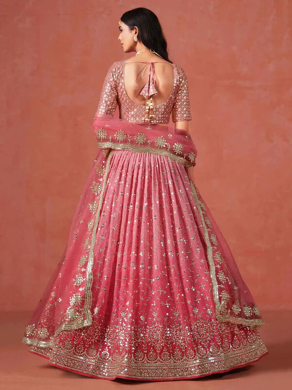 Peach-Pink Gradient Georgette Lehenga with Zari & Sequins