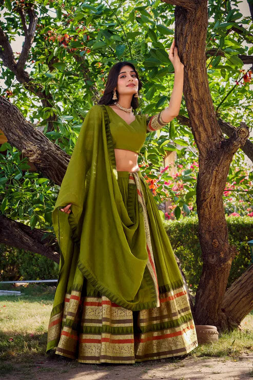 Olive Green Chanderi Silk Lehenga with Intricate Zari Work