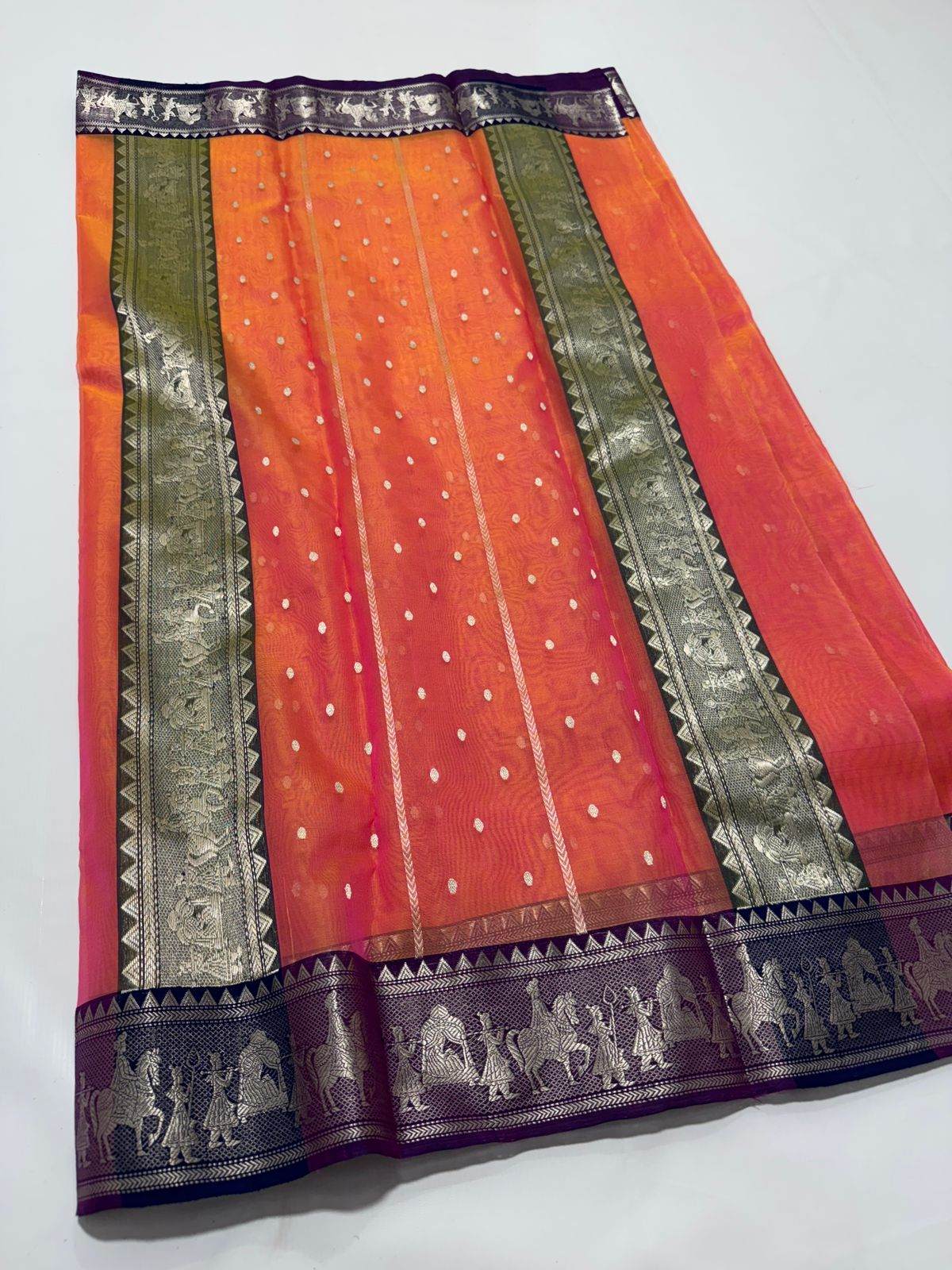 Dual Tone Orange Chanderi Handloom Katan Silk Nakshi Saree