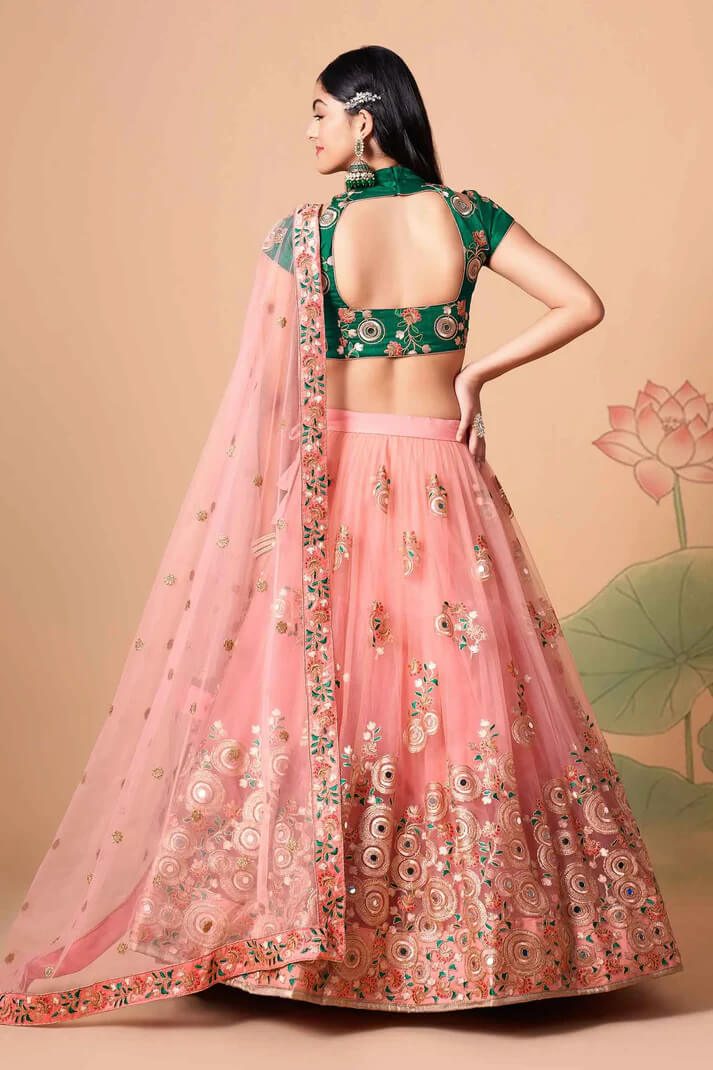Peach Net Lehenga with Zari, Sequins & Mirror Work