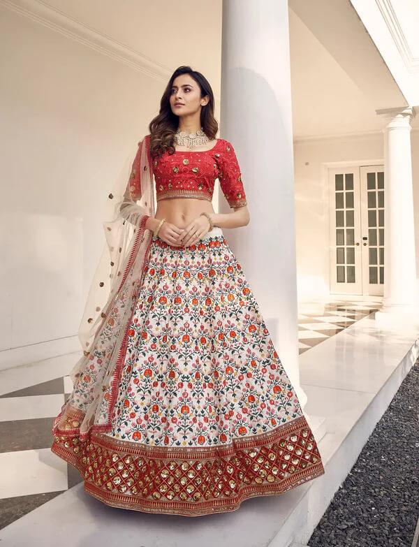 Classic White Embroidered Lehenga Choli in Art Silk