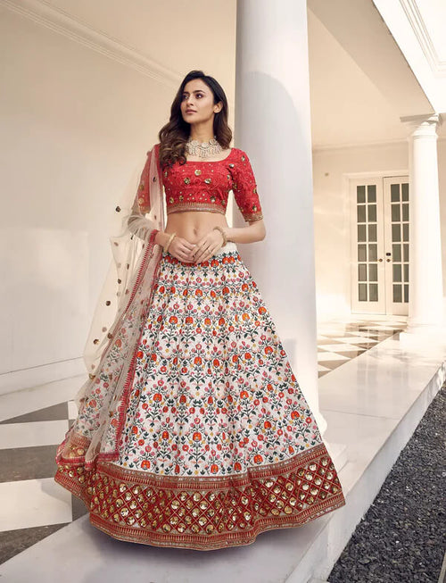 Classic White Embroidered Lehenga Choli in Art Silk
