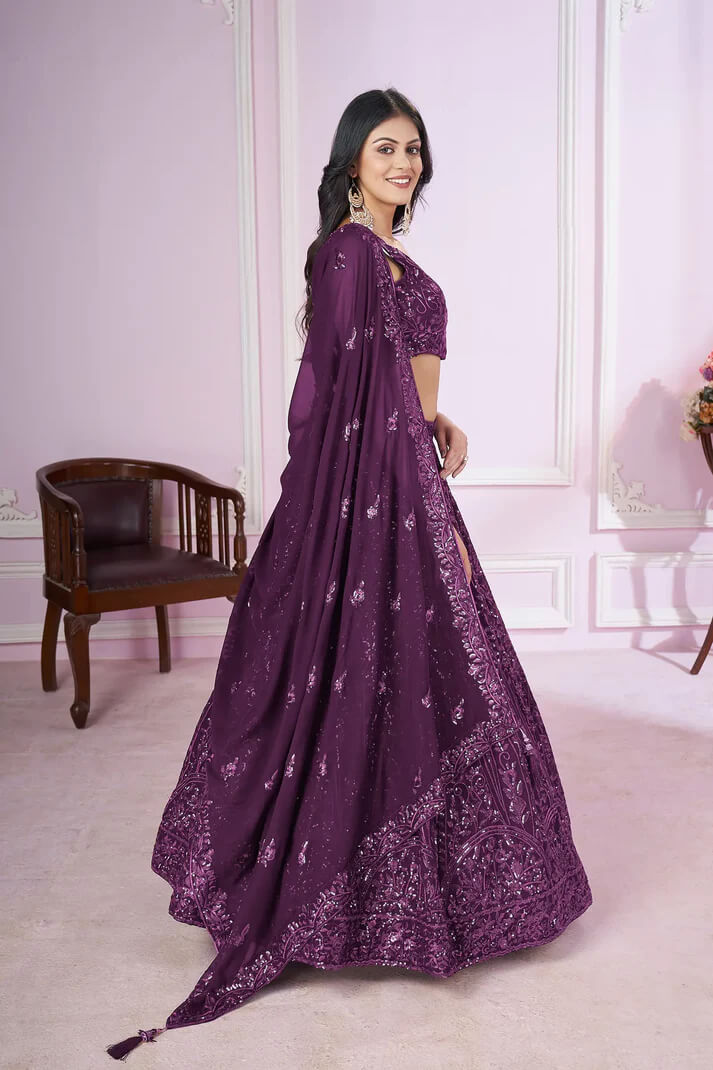 Wine Georgette Lehenga with Sequins & Thread Embroidery