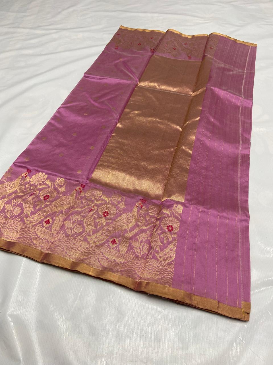 Onion Pink Chanderi Handloom Pattu Silk Meenakari Handwork Saree