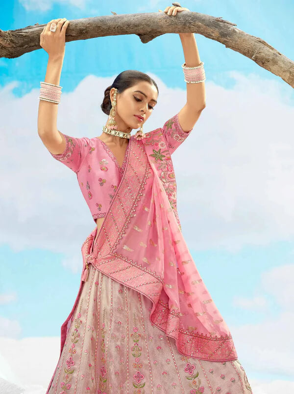 Sweet Pink Floral Embroidered Sequin Bridal Lehenga