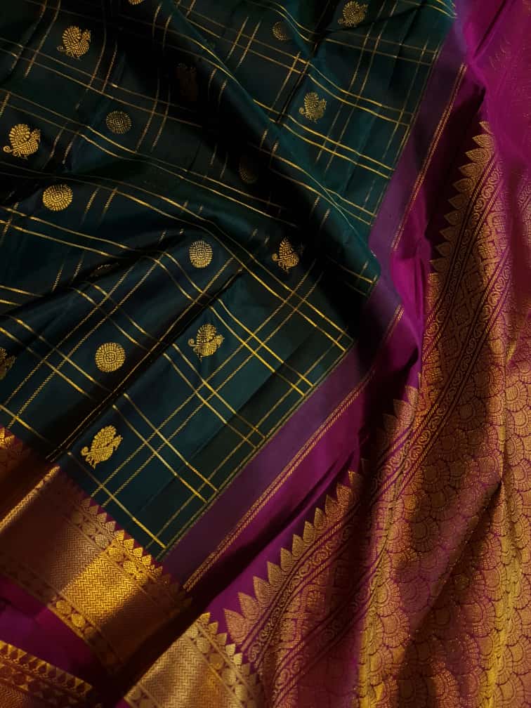 Bottle Green Kanchipuram Handloom 2G Gold Pattu Silk Saree