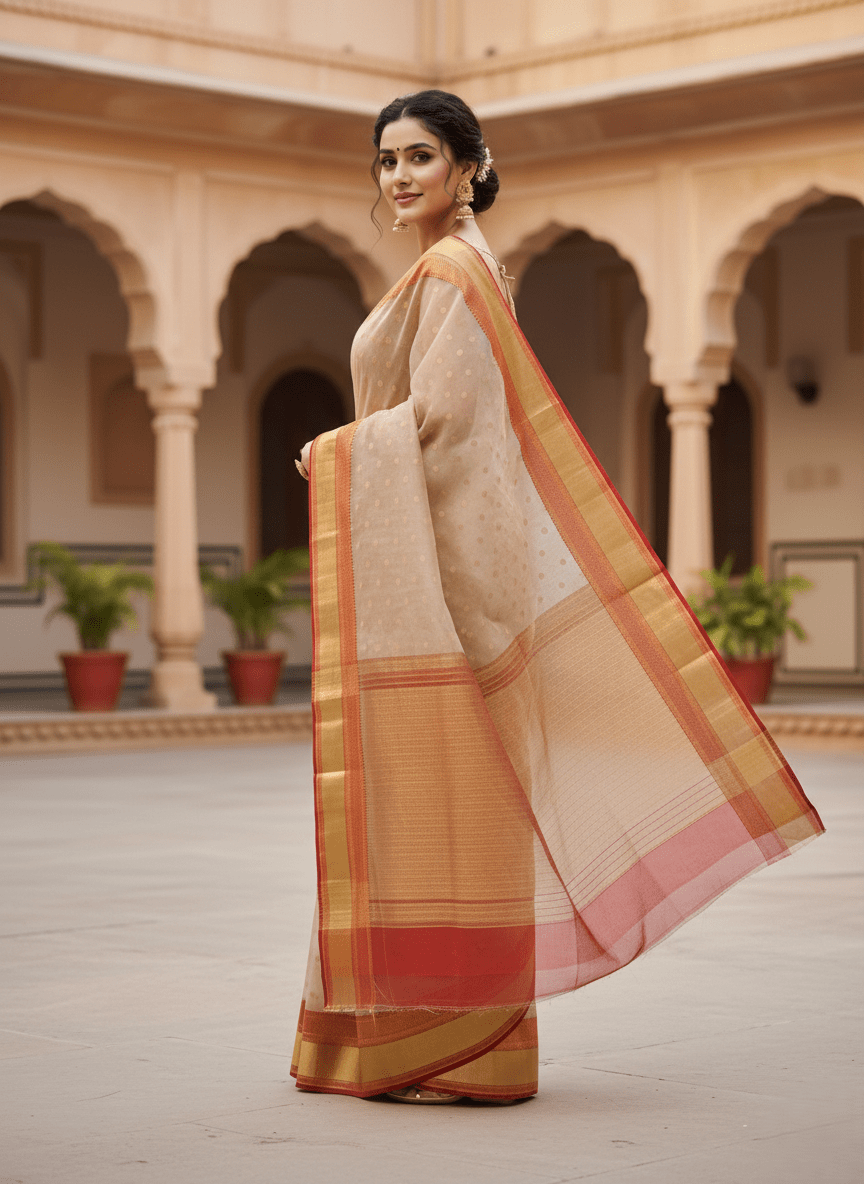 Beige Chanderi Handloom Katan Silk Handwork Saree