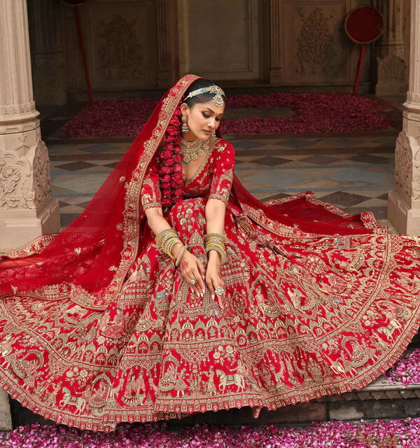 Designer Red Bridal Lehenga with Khatli Embroidery & Two Dupattas