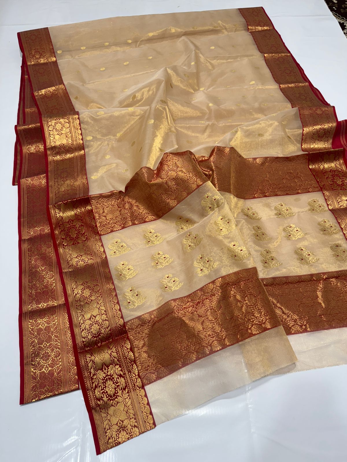 Beige Chanderi Handloom Katan Tissue Silk Saree