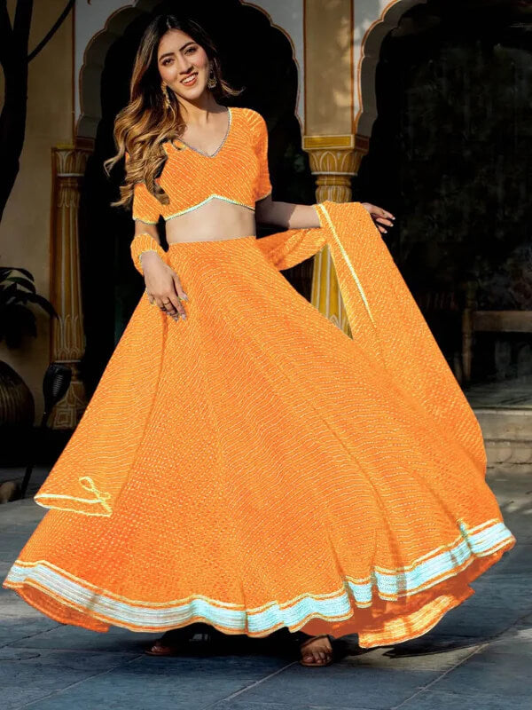 Yellow Leheriya Georgette Lehenga with Zari Lace Work