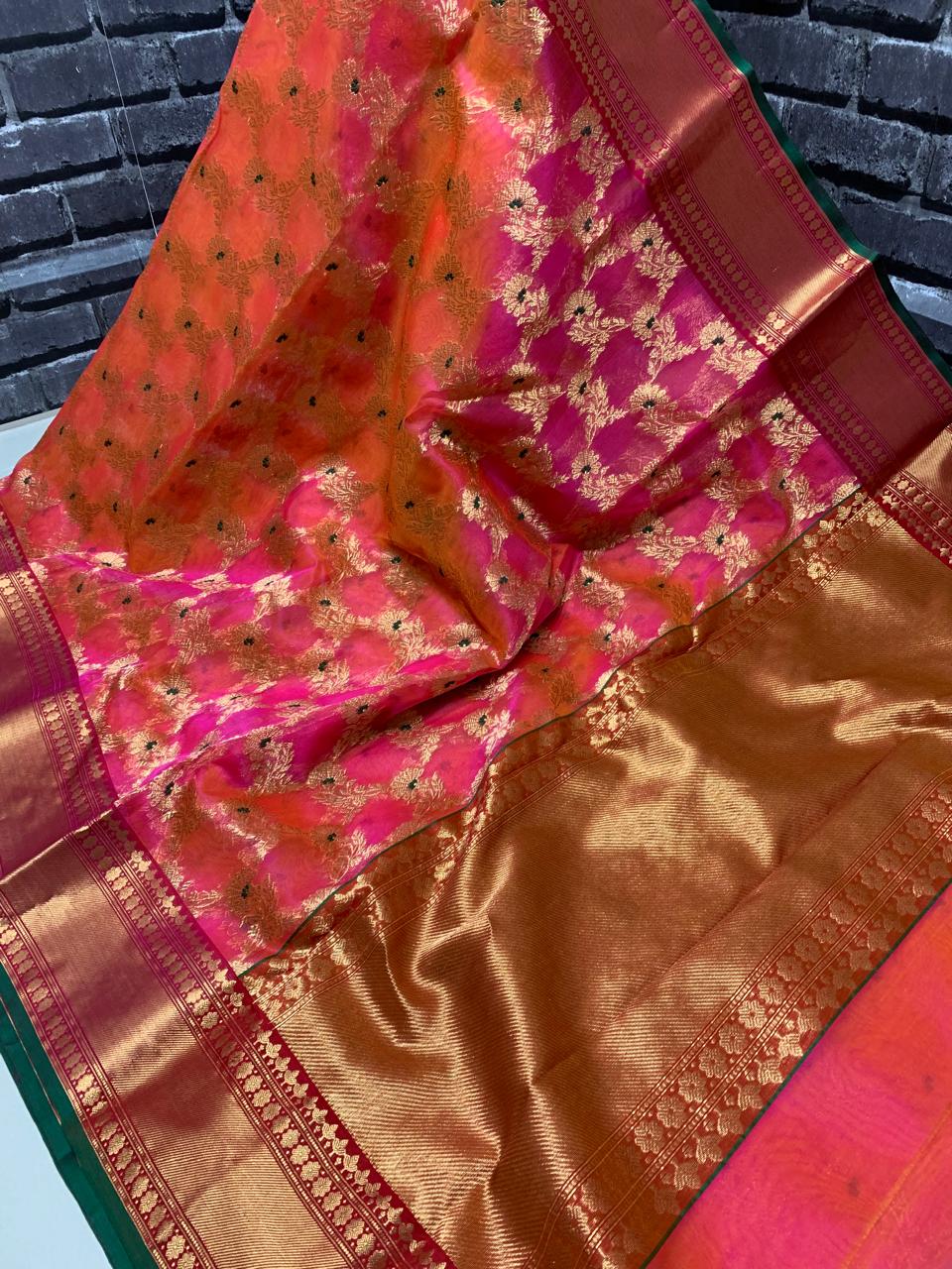 Chilly Red Chanderi Handloom Katan Silk Meenakari Nakshi Saree