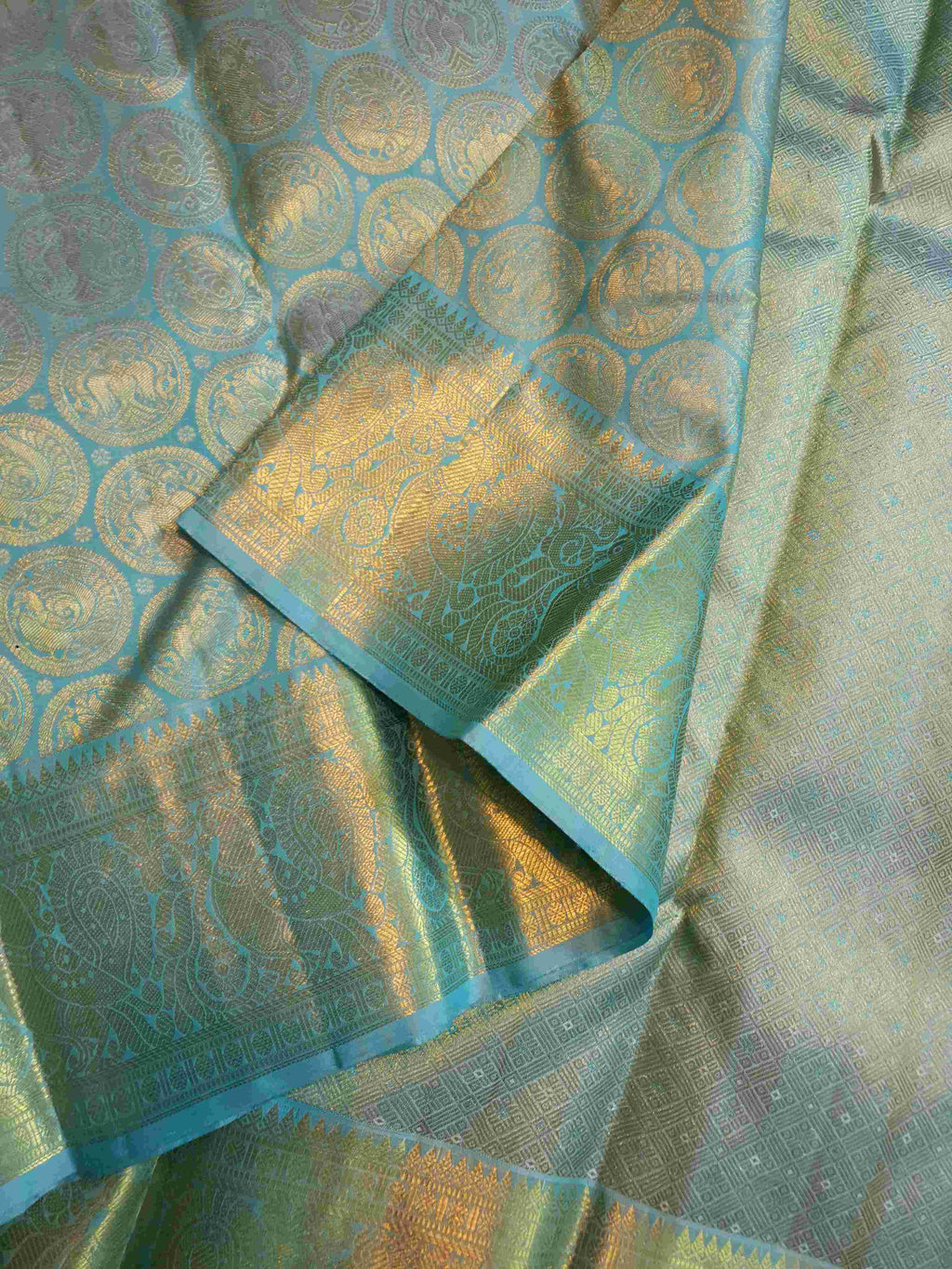 Turquoise Kanchipuram Handloom 2G Gold Pattu Silk Saree
