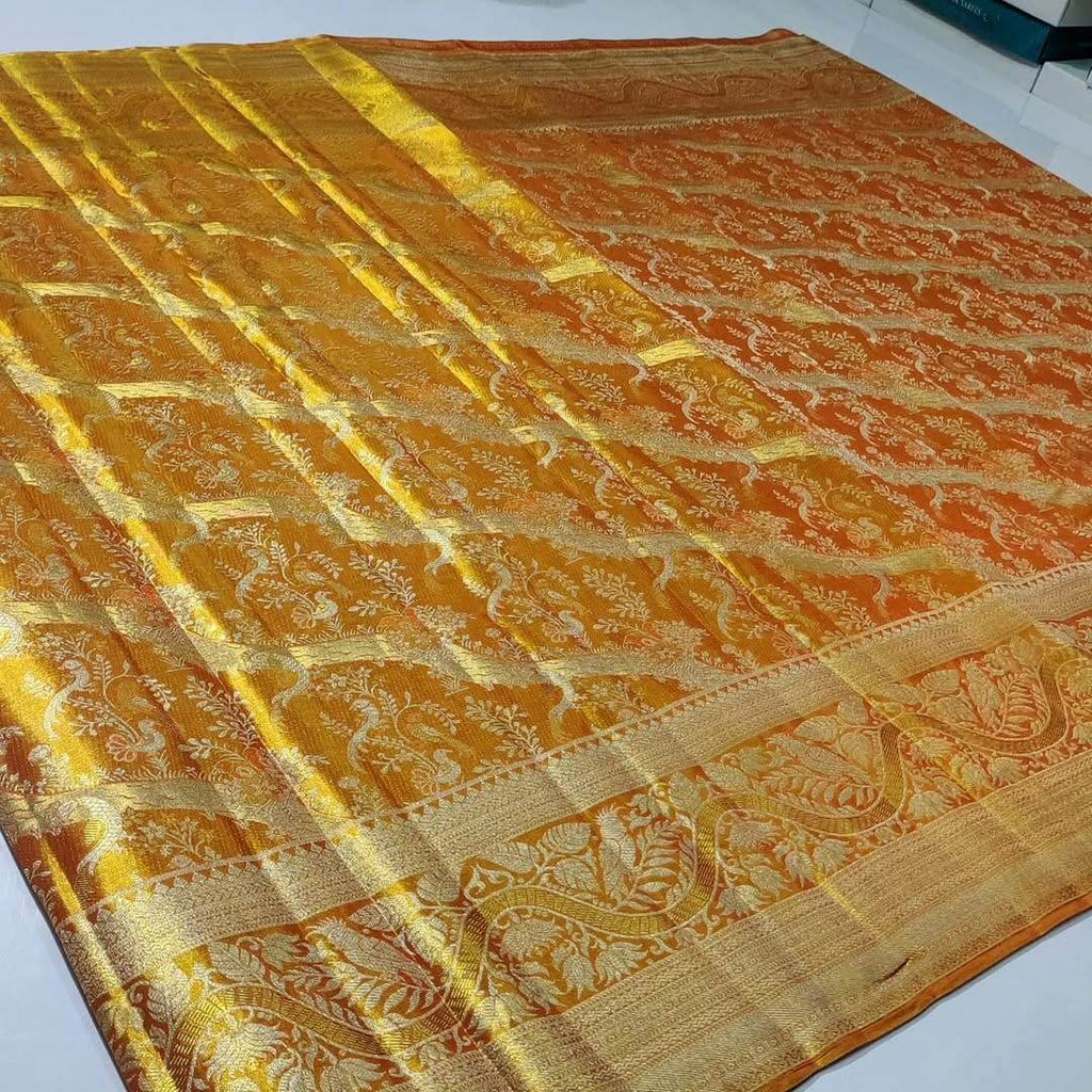 Orange Kanchipuram Handloom Tissue Brocade Silk Meenakari Saree