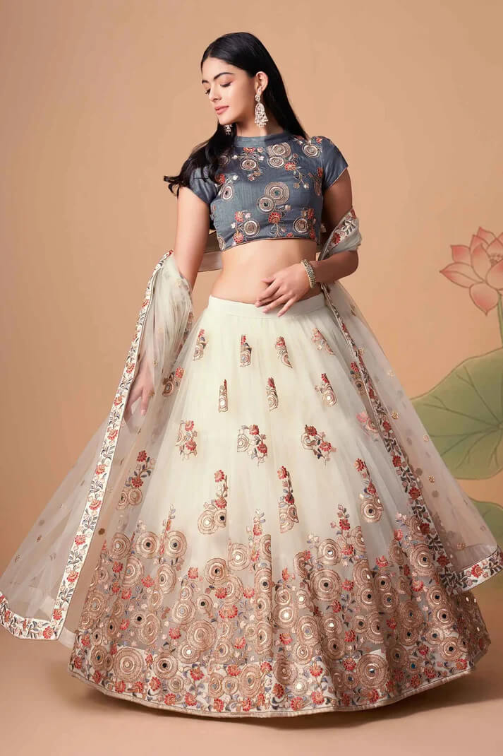 Off White Net Lehenga with Zari, Sequins & Mirror Work