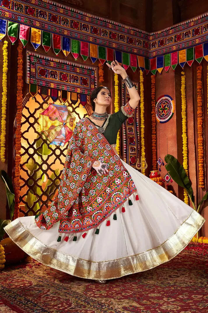 Off White Embroidered Navratri Lehenga with Mirror Dupatta