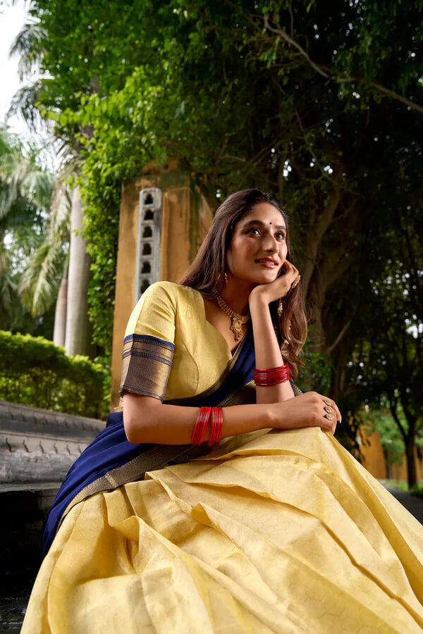 Traditional Zari Weaving Kanchipuram Lehenga in Beige & Blue