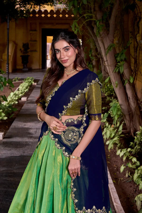 Parrot Green Ethnic Lehenga Choli with Kanchipuram Zari Work