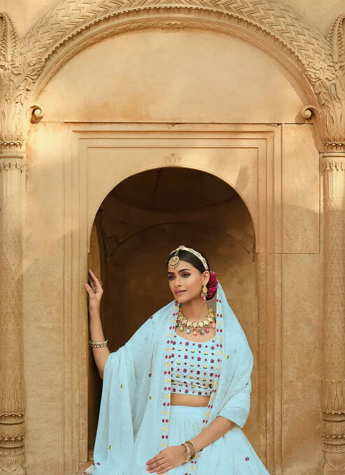 Elegant Sky Blue Georgette Embroidered Lehenga Choli