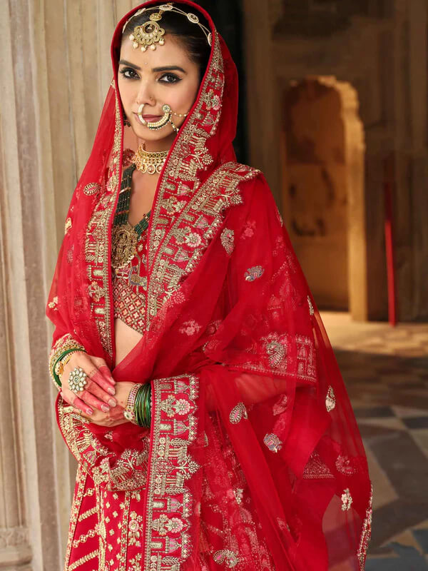Designer Scarlet Red Wedding Lehenga with Dual Dupatta