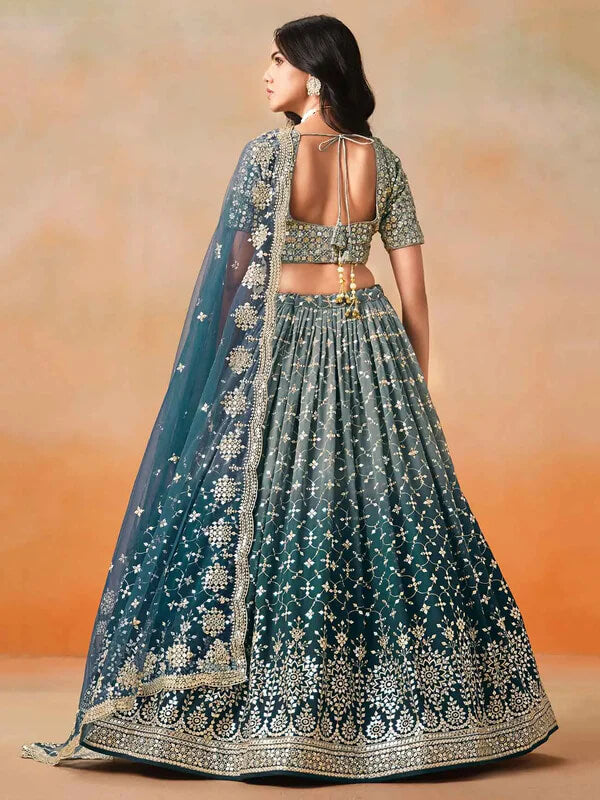 Blue-Grey Gradient Georgette Lehenga with Zari & Sequins