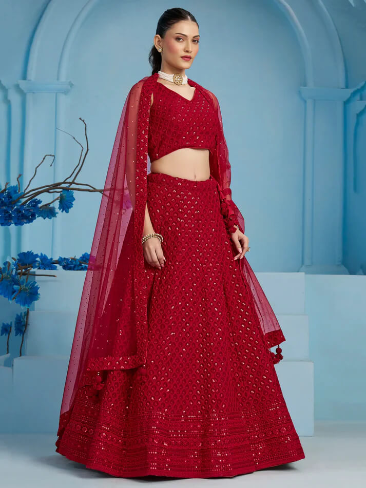 Red Party Wear Lehenga with Sequins & Dupatta