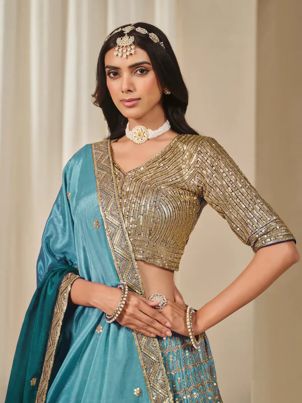 Shaded Blue Chinon Silk Embroidered Lehenga Choli