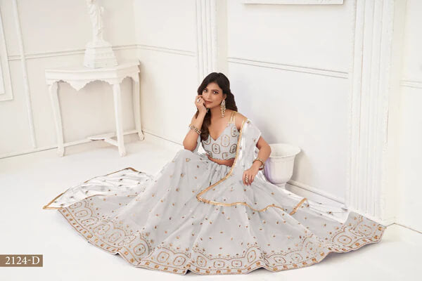 Off White Thread Embroidered Net Lehenga Choli