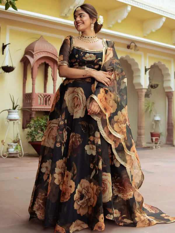 Black Organza Lehenga with Floral Print & Gota Patti