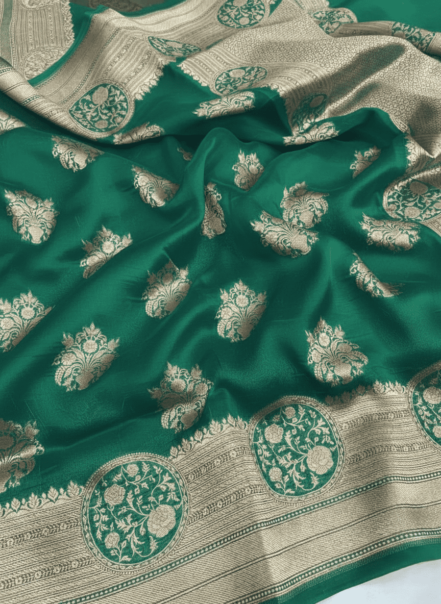 Emerald Green Banarasi Handloom Kora Organza Silk Saree