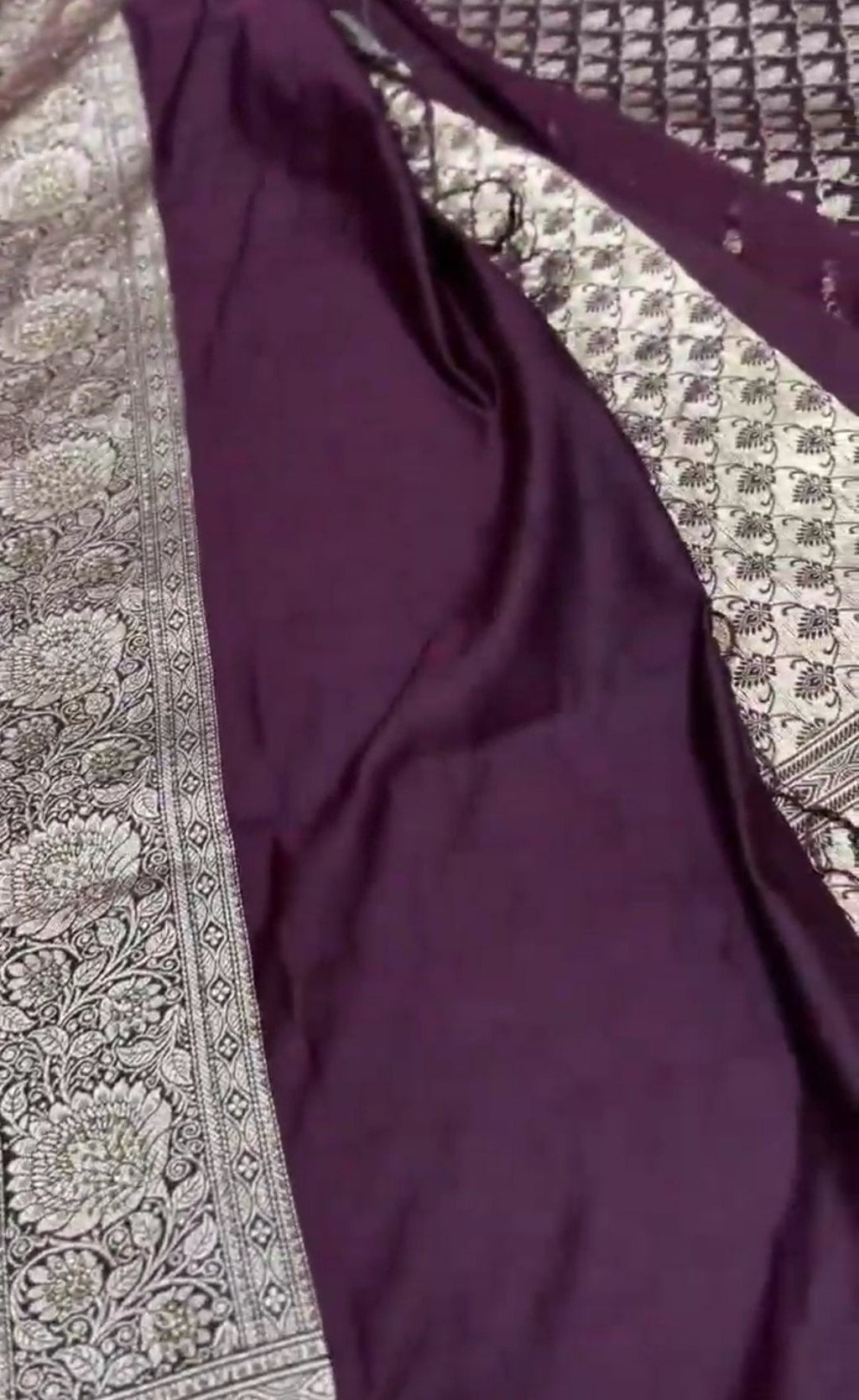 Wine Banarasi Satin Katan Silk Swarovski Jangla Saree