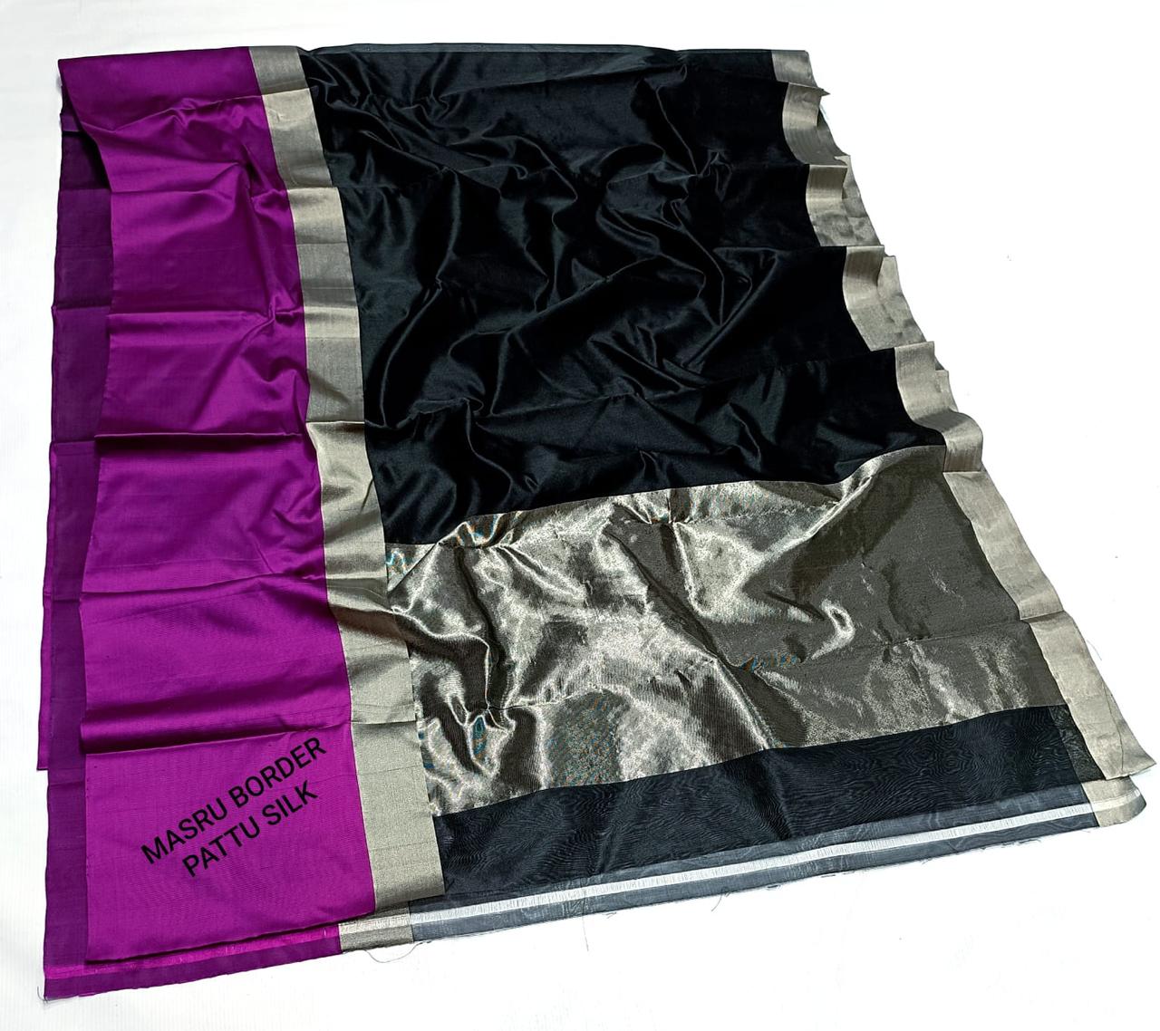 Black Chanderi Handloom Pattu Silk Mashru Borders Saree