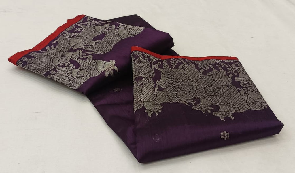 Dark Purple Chanderi Handloom Pattu Silk Handwork Saree