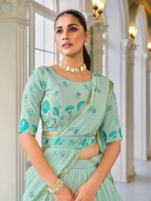 Elegant Light Green Embroidered Georgette Lehenga Choli
