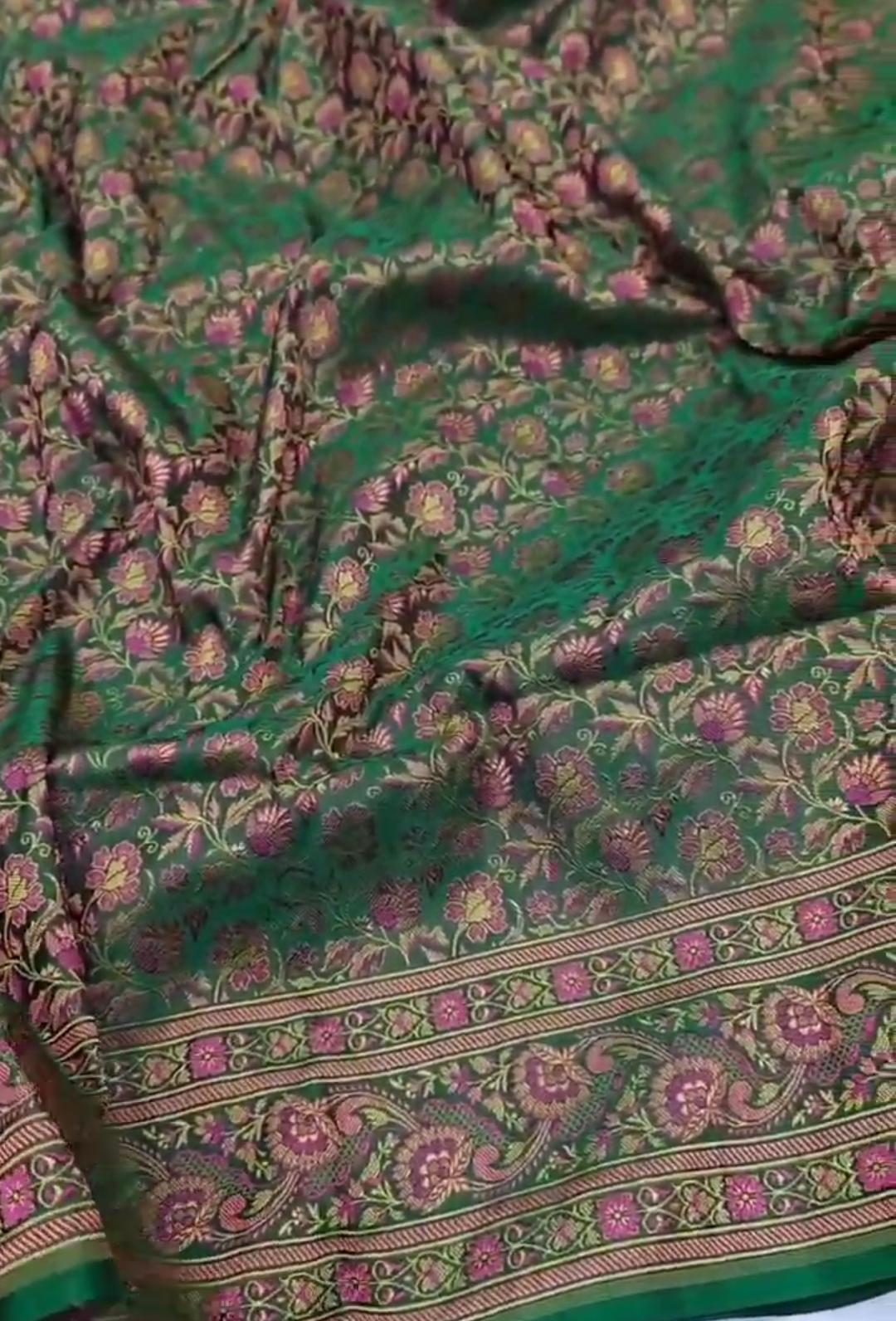 Green Banarasi Semi Katan Silk Tanchoi Brocade Saree