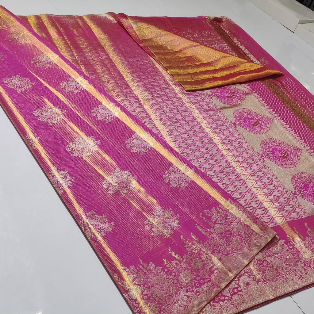 Hot Pink Kanchipuram Handloom Tissue Brocade Bridal Silk Saree