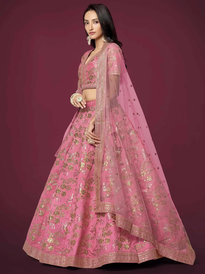 Peach Silk Lehenga with Zari, Sequins & Dori Work