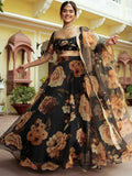 Black Organza Lehenga with Floral Print & Gota Patti