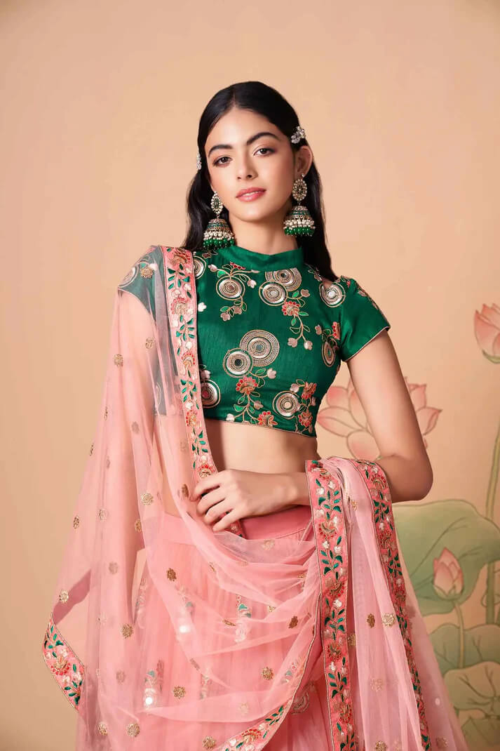 Peach Net Lehenga with Zari, Sequins & Mirror Work