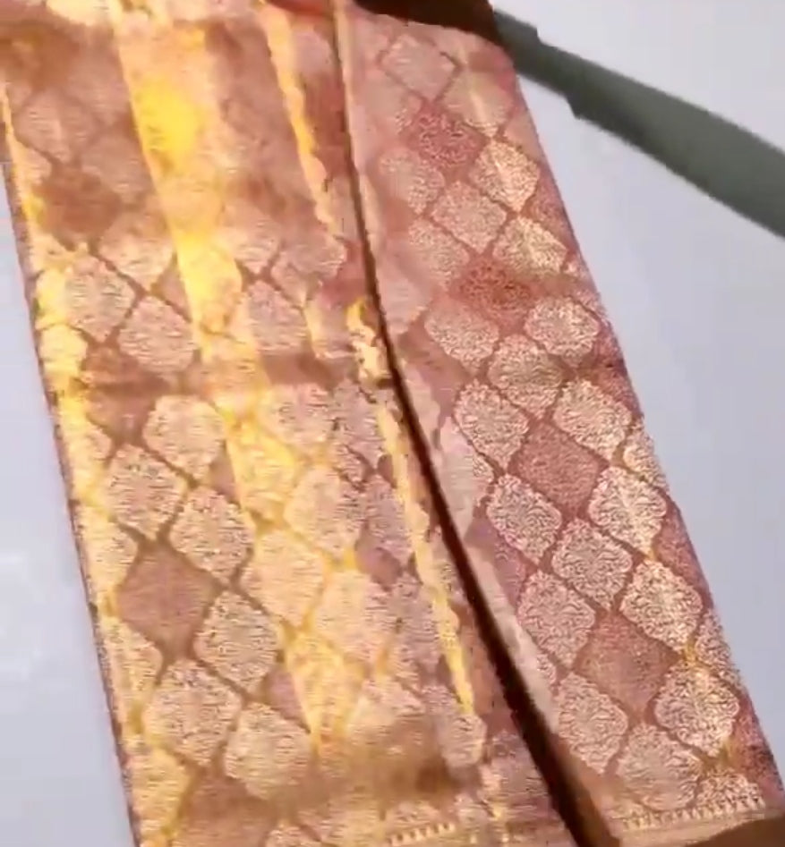 Coral Kanchipuram Handloom Tissue Brocade Silk Saree