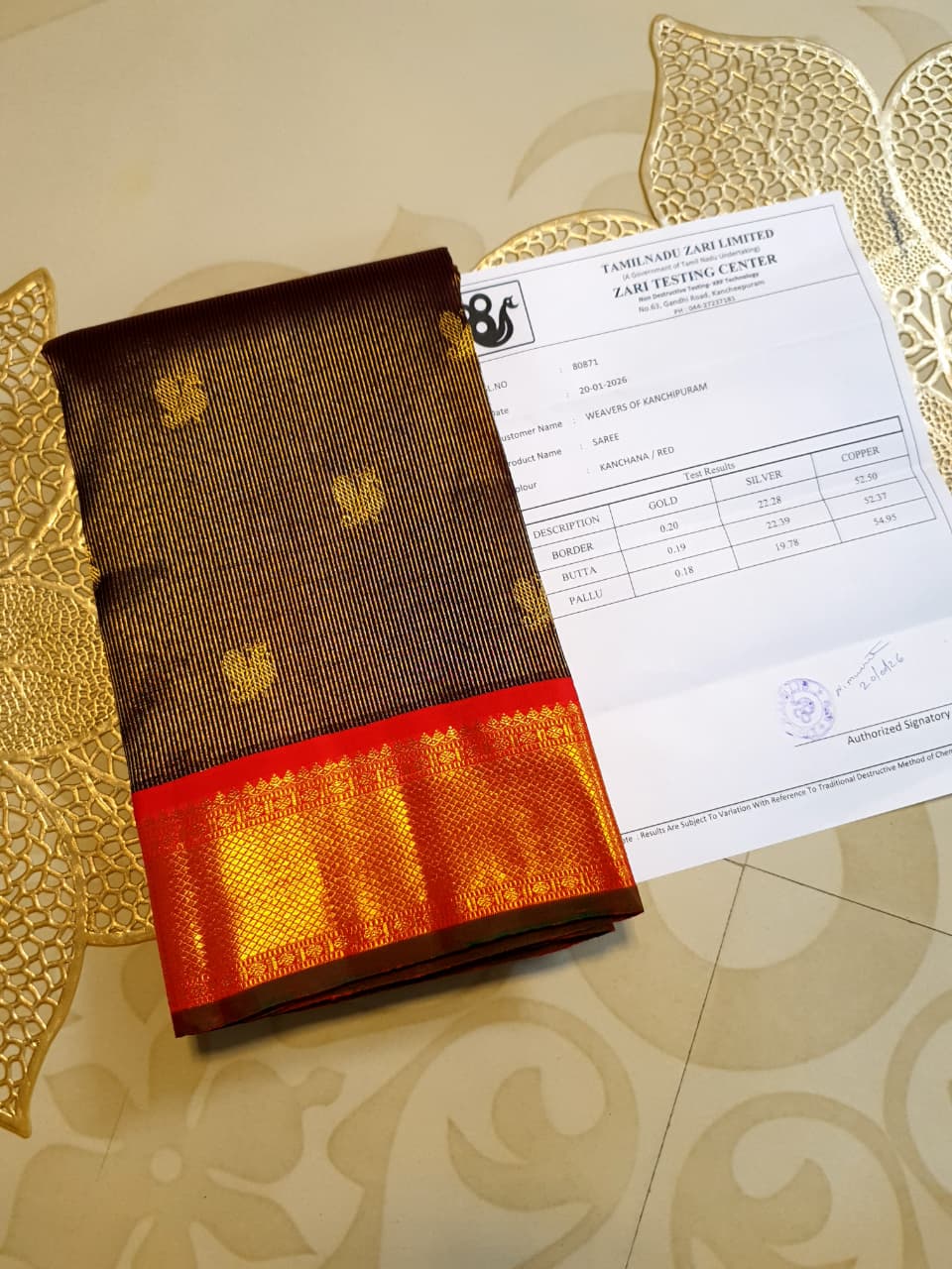 Wine Kanchipuram Handloom 3G Gold Vairaoosi Korvai Silk Saree