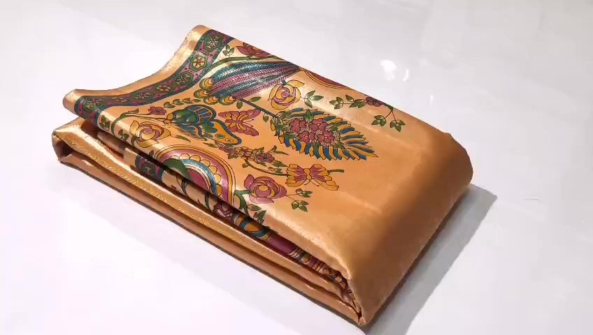 Peach Kanchipuram Handloom Kalamkari Tissue Silk Saree