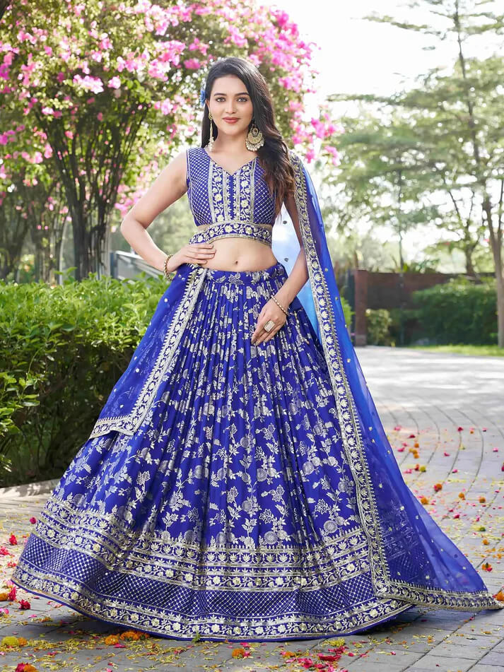 Royal Blue Jacquard Lehenga with Zari & Sequins Work