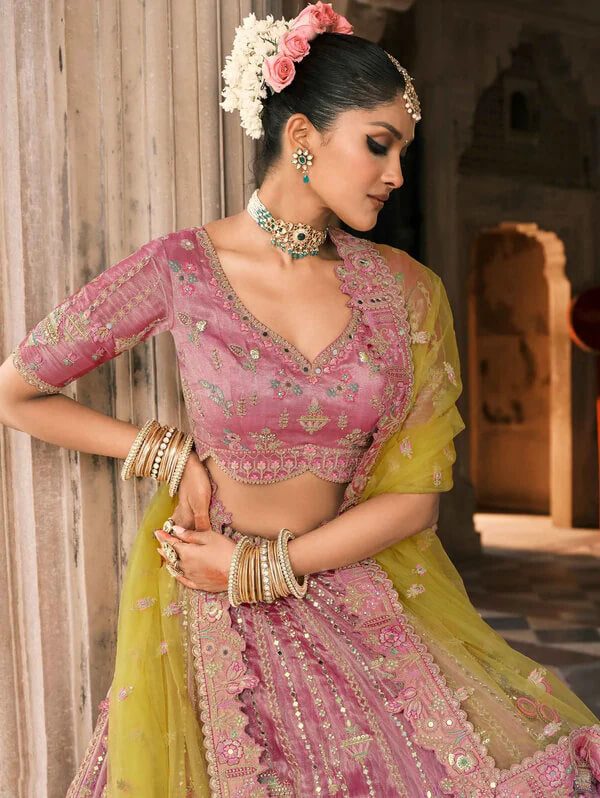 Pink Yellow Bridal Lehenga with Exquisite Designer Embroidery